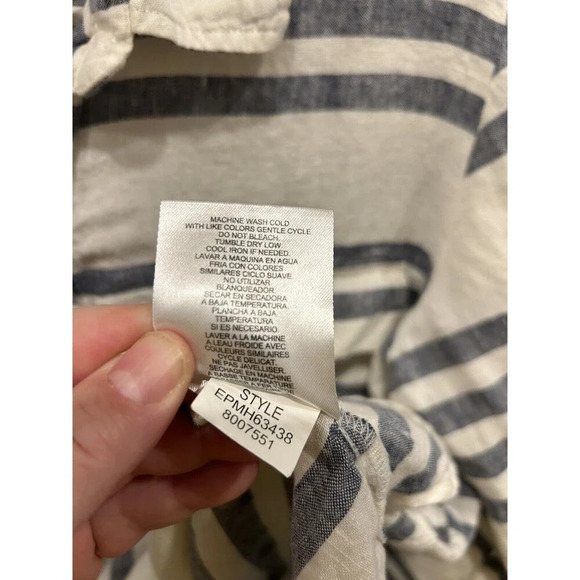 Ellen Tracy Button Popover Blouse Womens  100% Linen Blue White Striped Large - Picture 7 of 7
